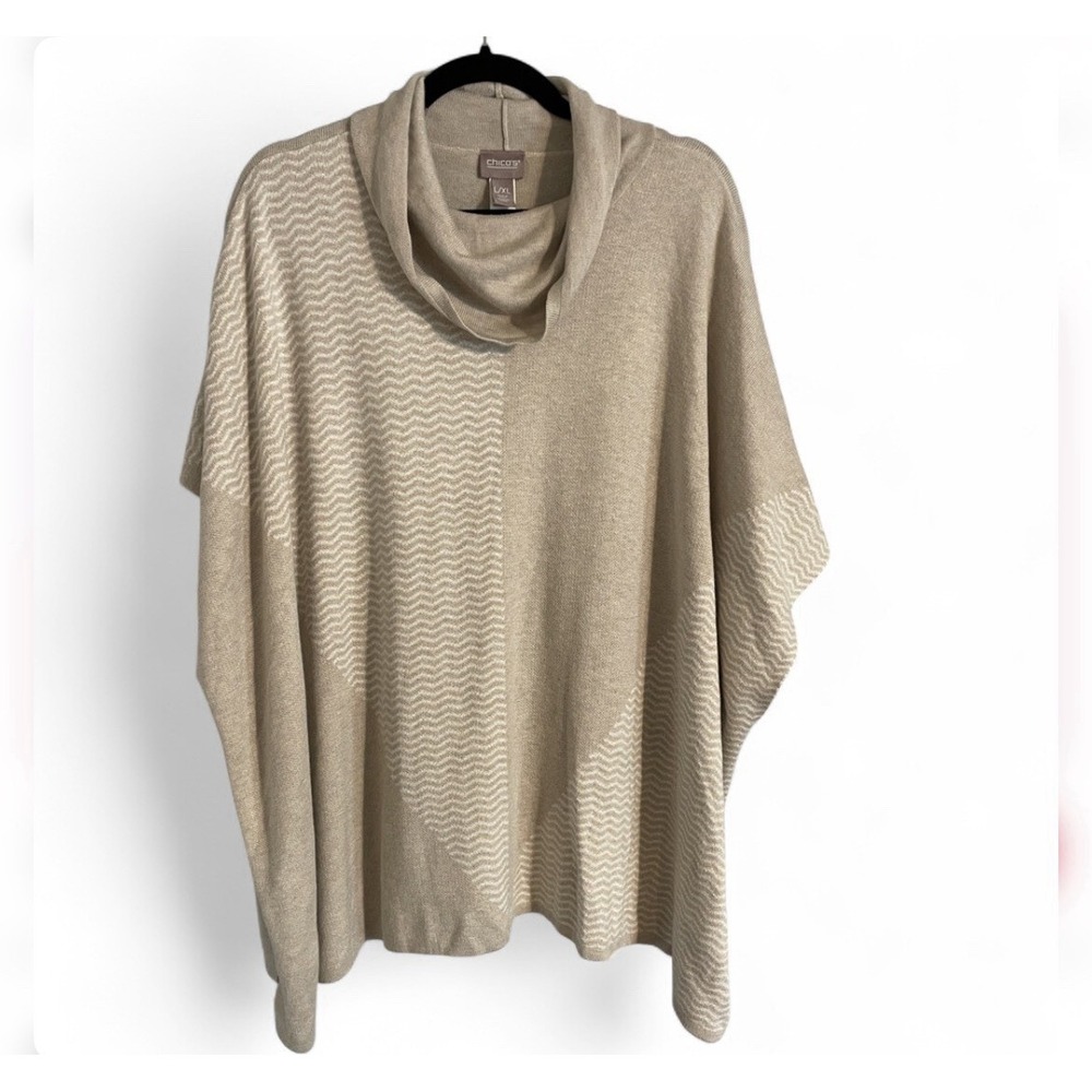 Chico's Cream & Brown Multiprint Cowl Neck Poncho L/XL Cashmere Blend Luxury